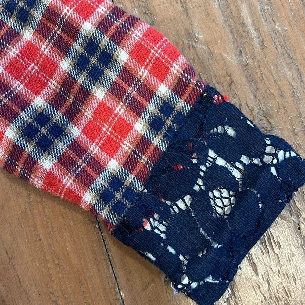 Persnickety plaid lace trim button down shirt